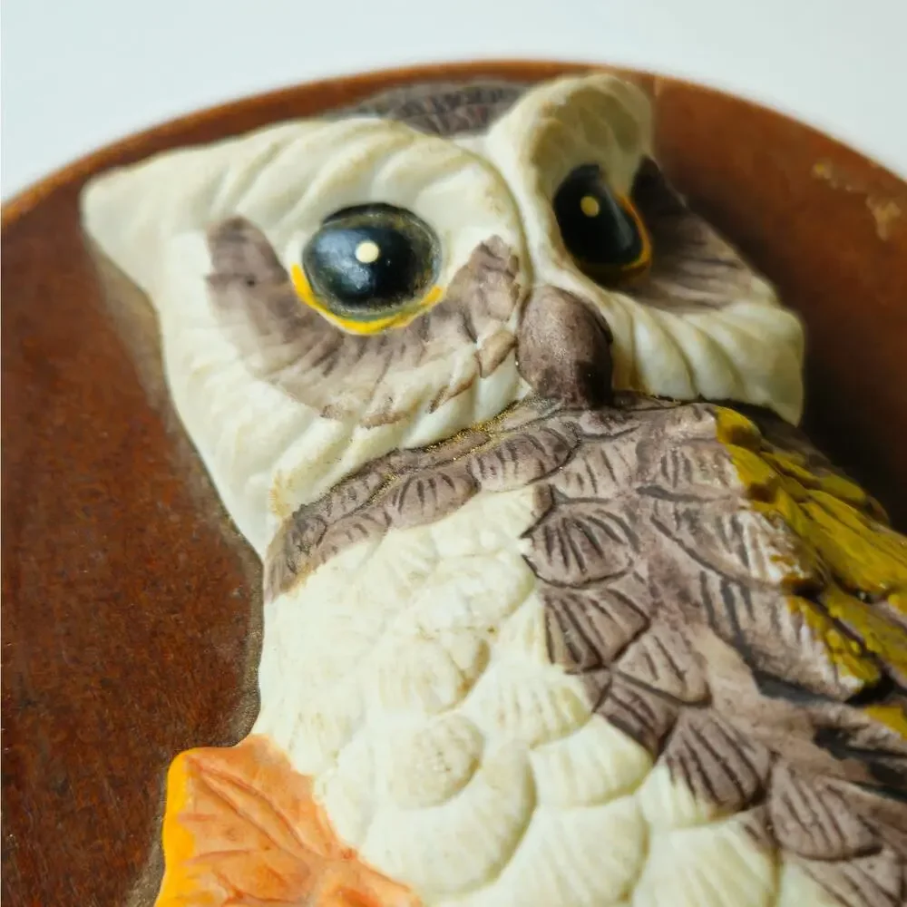 Vintage 1970s Owl Wall Plaque | 3D Resin Owl on Hardboard | MCM Autumn Kitsh